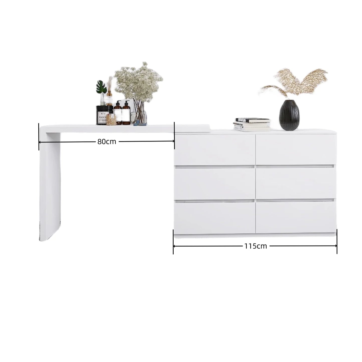 White Extended Desktop 6 Drawers Chest of Drawer without Handle (45.30 inches)