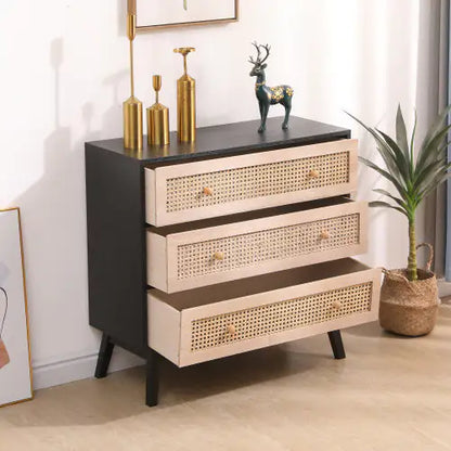 Natural+Black 3-Drawers Rattan Storage Cabinet with Drawers Included (31.5 inches)