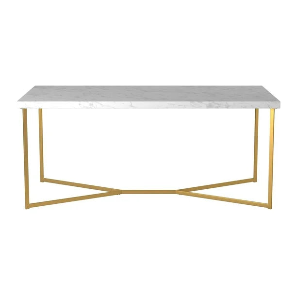 White+Gold Modern Glam Metal and Faux Marble Coffee Table with Faux White Marble/Gold (42.00 inches)