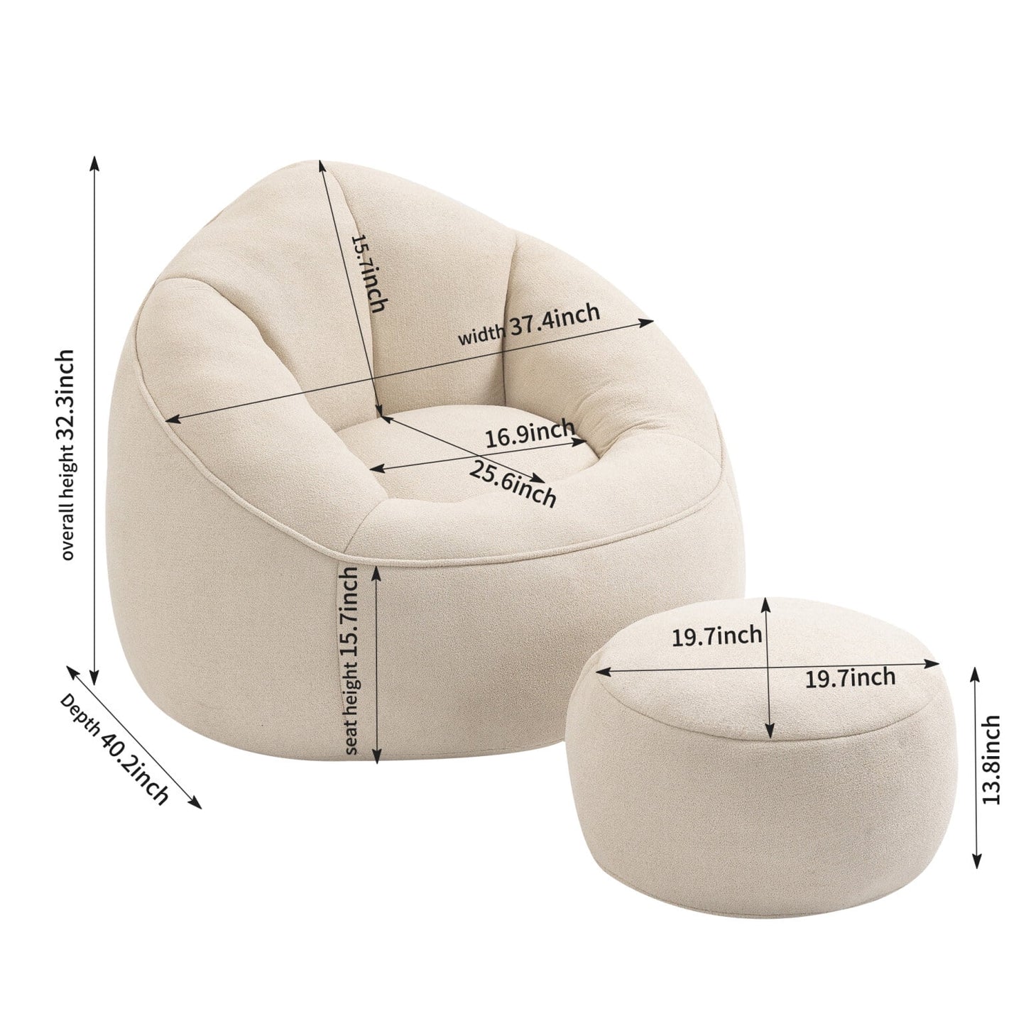 Beige Bedding Bean Bag Sofa Chair with Footrest (40.00 inches)