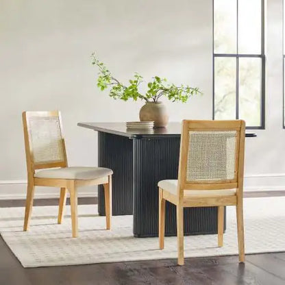 Natural Modern Solid Wood Dining Chair with Rattan Inset Back (Set of 2)