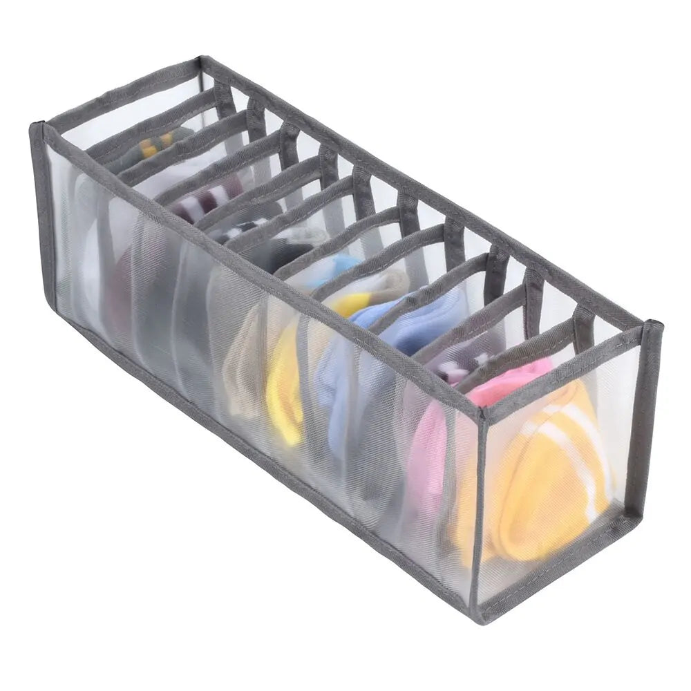 Gray or White 7-Grid Foldable Drawer Organizer with Durable Nylon Mesh (Various Sizes)