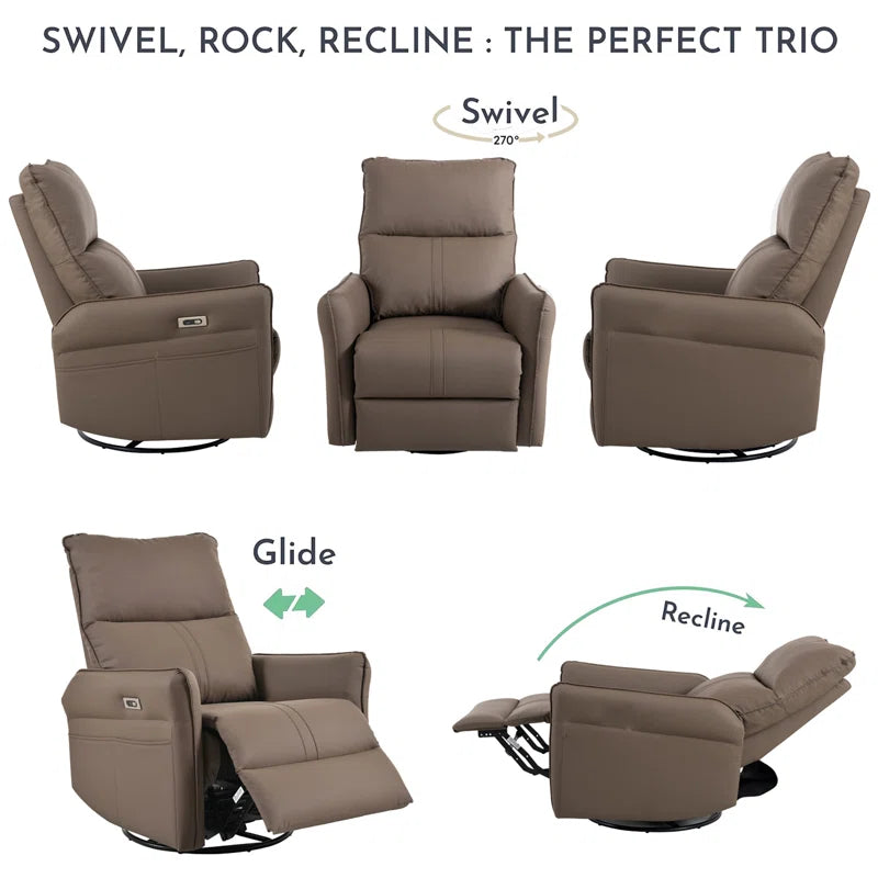 Brown Electric Gliding Recliner Sofa with USB Port (270° Swivel)