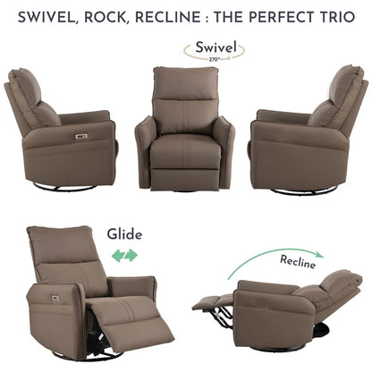 Brown Electric Gliding Recliner Sofa with USB Port (270° Swivel)