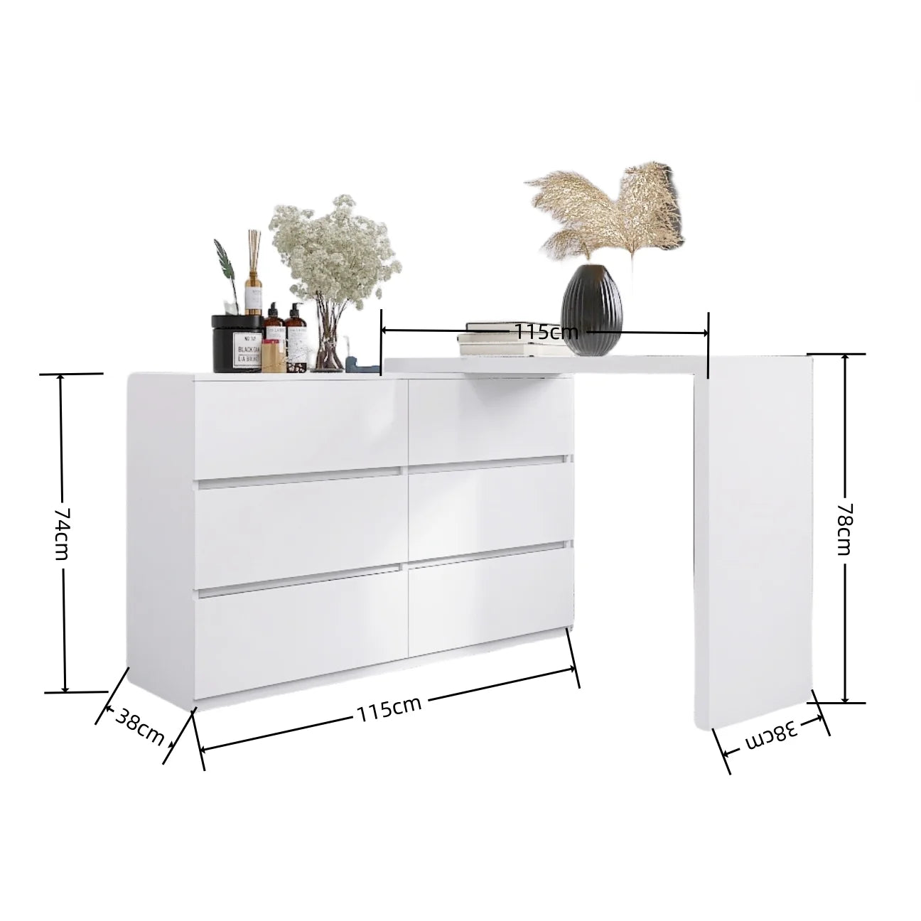 White Extended Desktop 6 Drawers Chest of Drawer without Handle (45.30 inches)