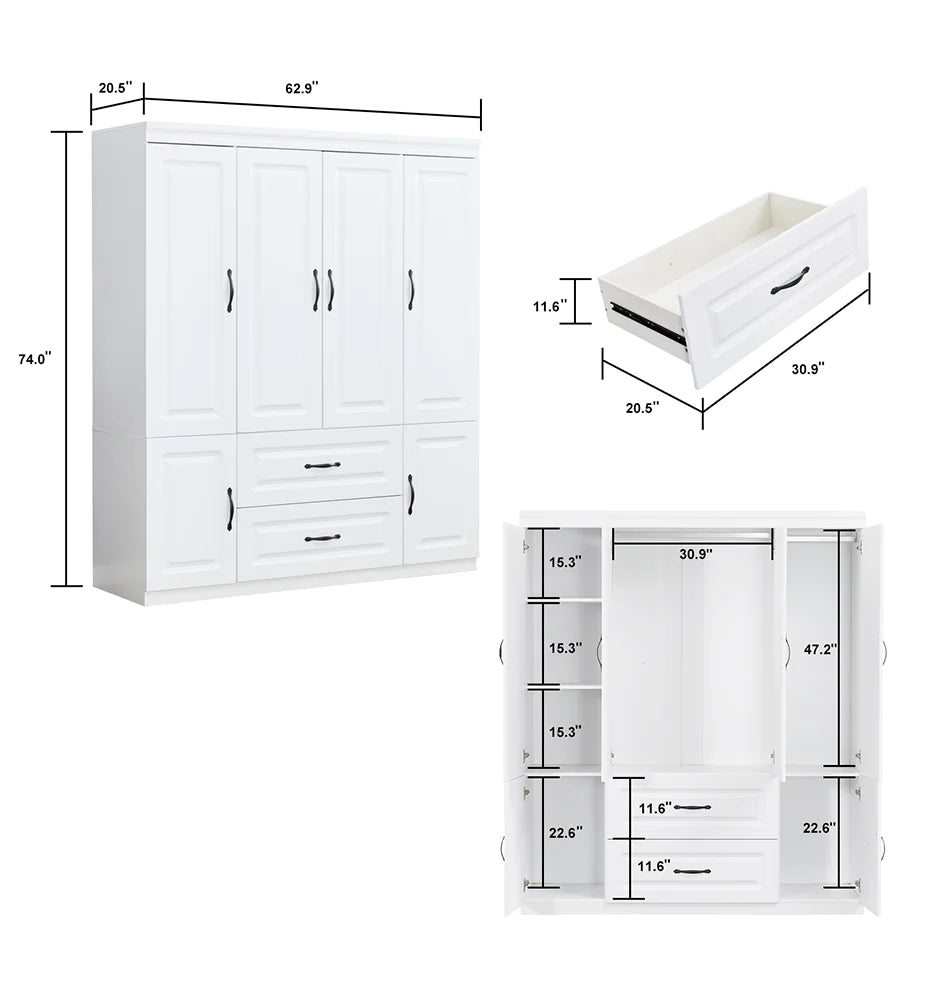 White Solid Wood Freestanding Wardrobe Closet with 2 Hanging Rod Shelves, 2 Drawers, and 5 Storage Compartments (74 inches)