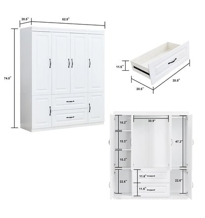 White Solid Wood Freestanding Wardrobe Closet with 2 Hanging Rod Shelves, 2 Drawers, and 5 Storage Compartments (74 inches)