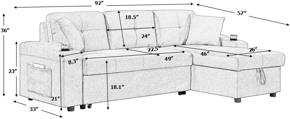 DARK GREY Convertible Sectional Sofa with Armrest Storage (92 inches)