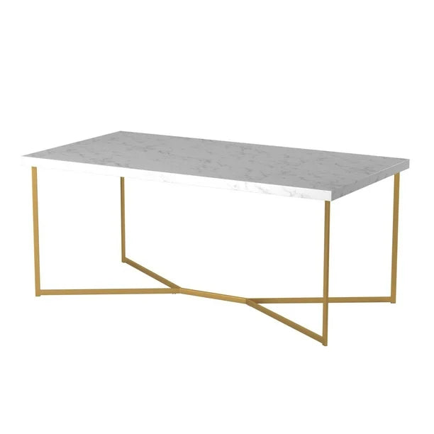 White+Gold Modern Glam Metal and Faux Marble Coffee Table with Faux White Marble/Gold (42.00 inches)