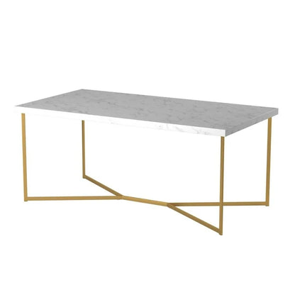 White+Gold Modern Glam Metal and Faux Marble Coffee Table with Faux White Marble/Gold (42.00 inches)