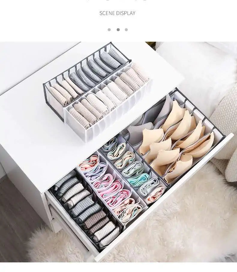 Gray or White 7-Grid Foldable Drawer Organizer with Durable Nylon Mesh (Various Sizes)