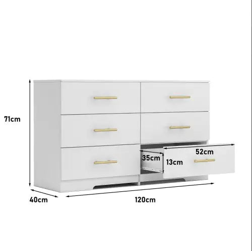 White Large Six Drawer Cabinet with Golden Handle (47.25 inches)