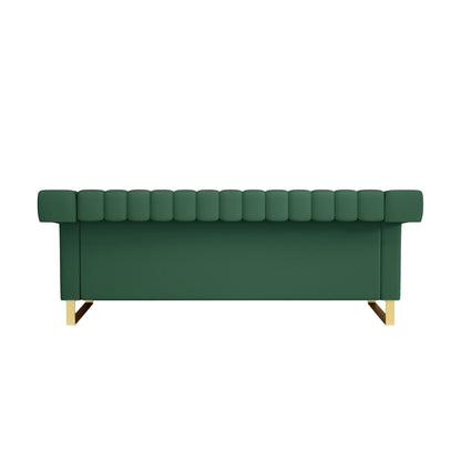 Retro Green PU Sofa with Gold Accents and Sleek Channel-Tufted Upholstery (3-Seat)