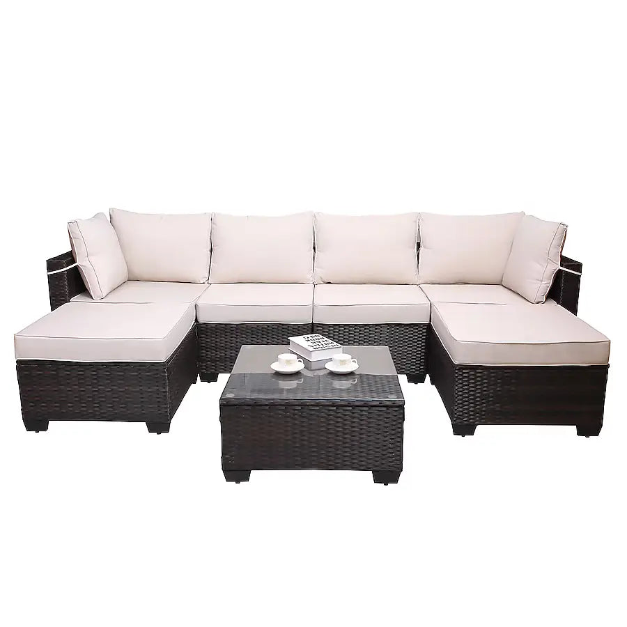 Brown+Beige Outdoor Garden Patio Furniture 7-Piece PE Rattan Wicker Cushioned Sofa Sets and Coffee Table with Metal Filler