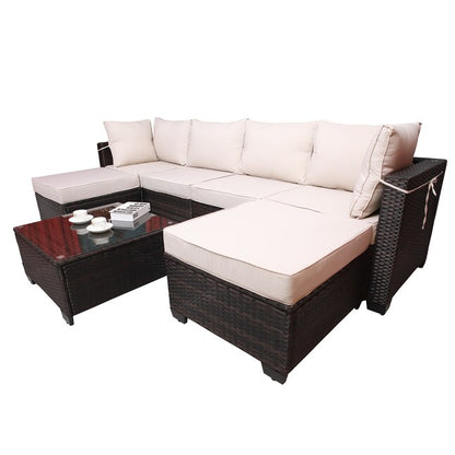 Brown+Beige Outdoor Garden Patio Furniture 7-Piece PE Rattan Wicker Cushioned Sofa Sets and Coffee Table with Metal Filler