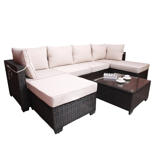 Brown+Beige Outdoor Garden Patio Furniture 7-Piece PE Rattan Wicker Cushioned Sofa Sets and Coffee Table with Metal Filler