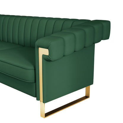 Retro Green PU Sofa with Gold Accents and Sleek Channel-Tufted Upholstery (3-Seat)