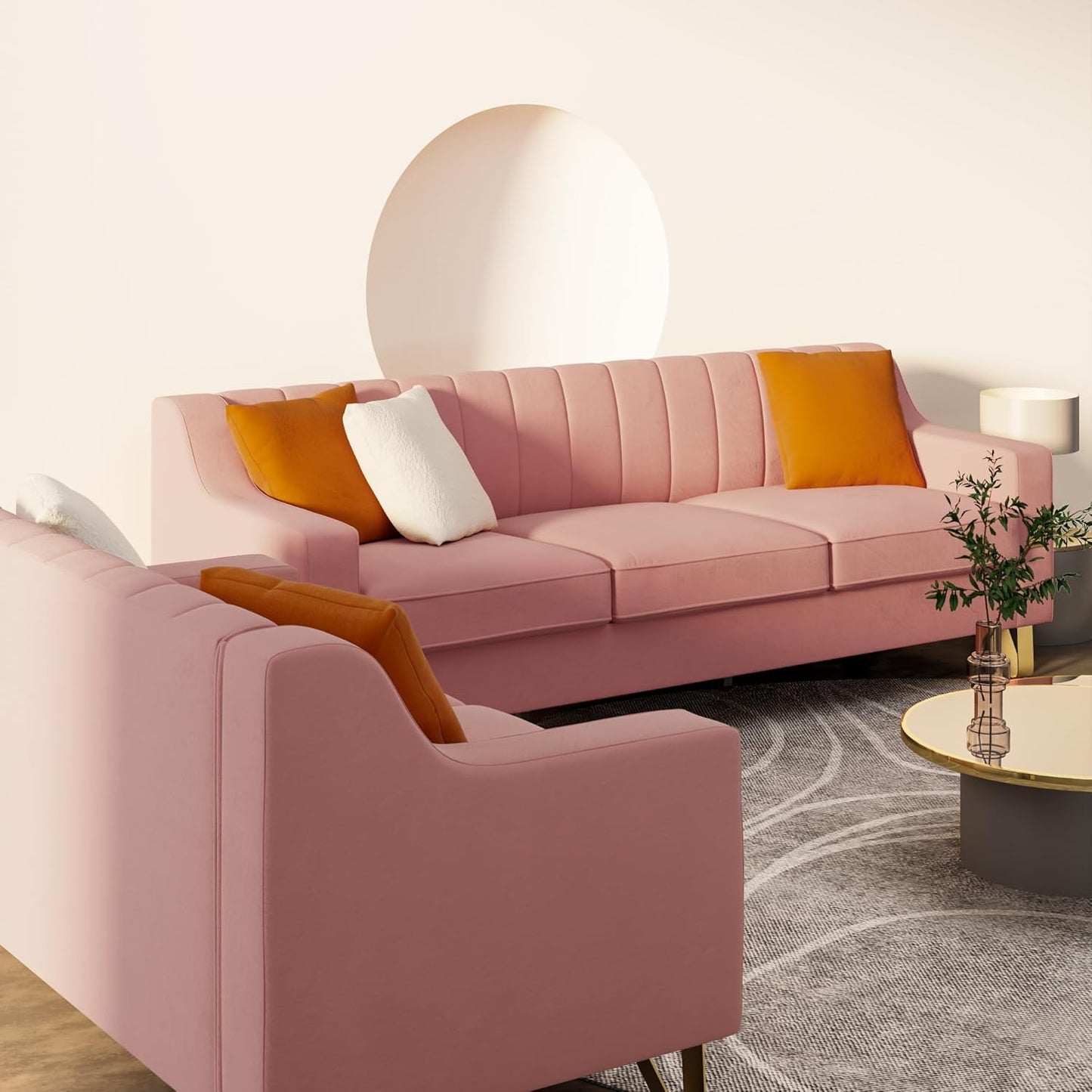 Pink Velvet Combo Sofa Set with Love Seat and Sofa