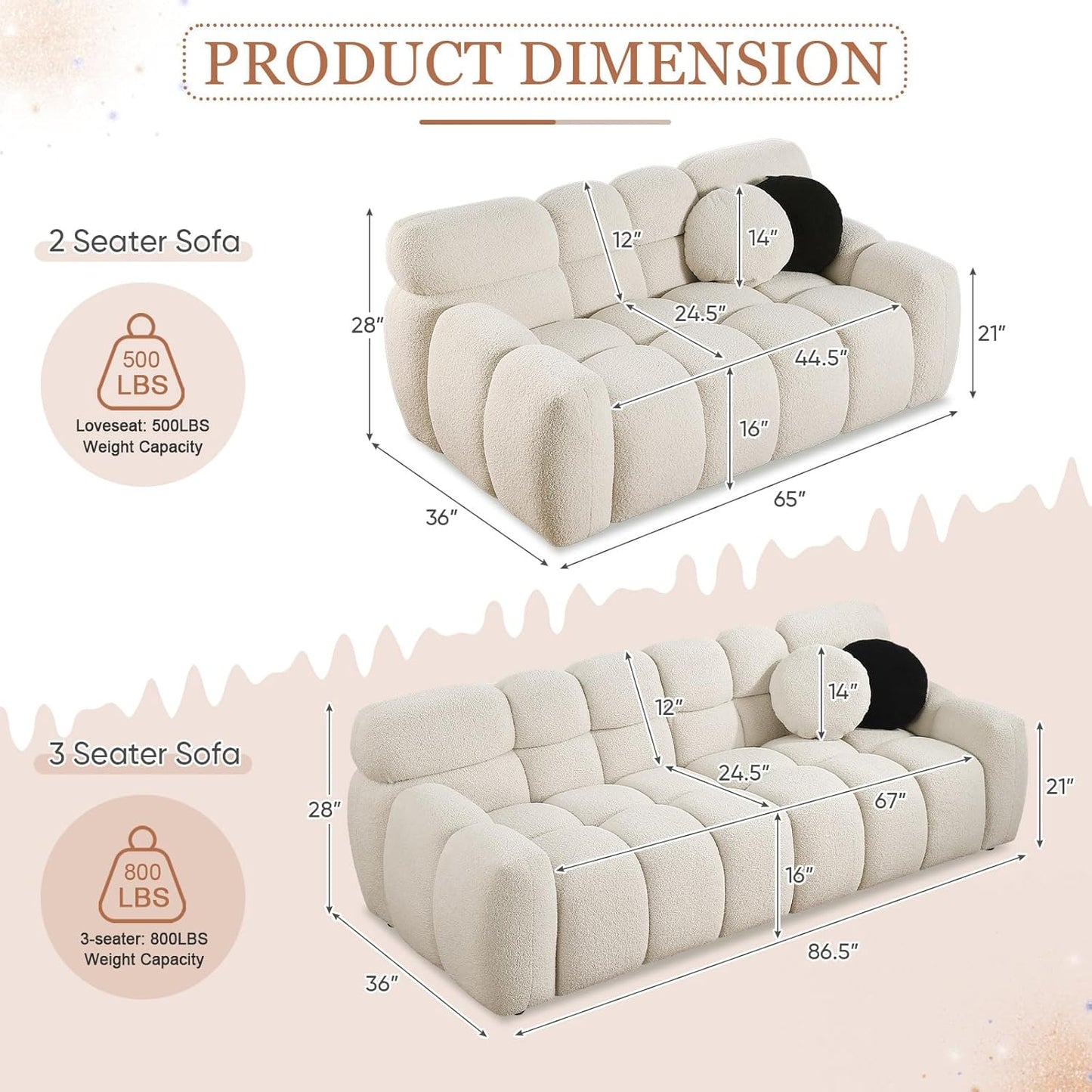 Beige Sofa with Boucle Material (64.96 inches)