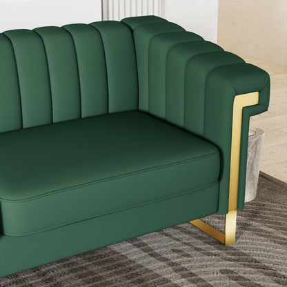 Retro Green PU Sofa with Gold Accents and Sleek Channel-Tufted Upholstery (3-Seat)