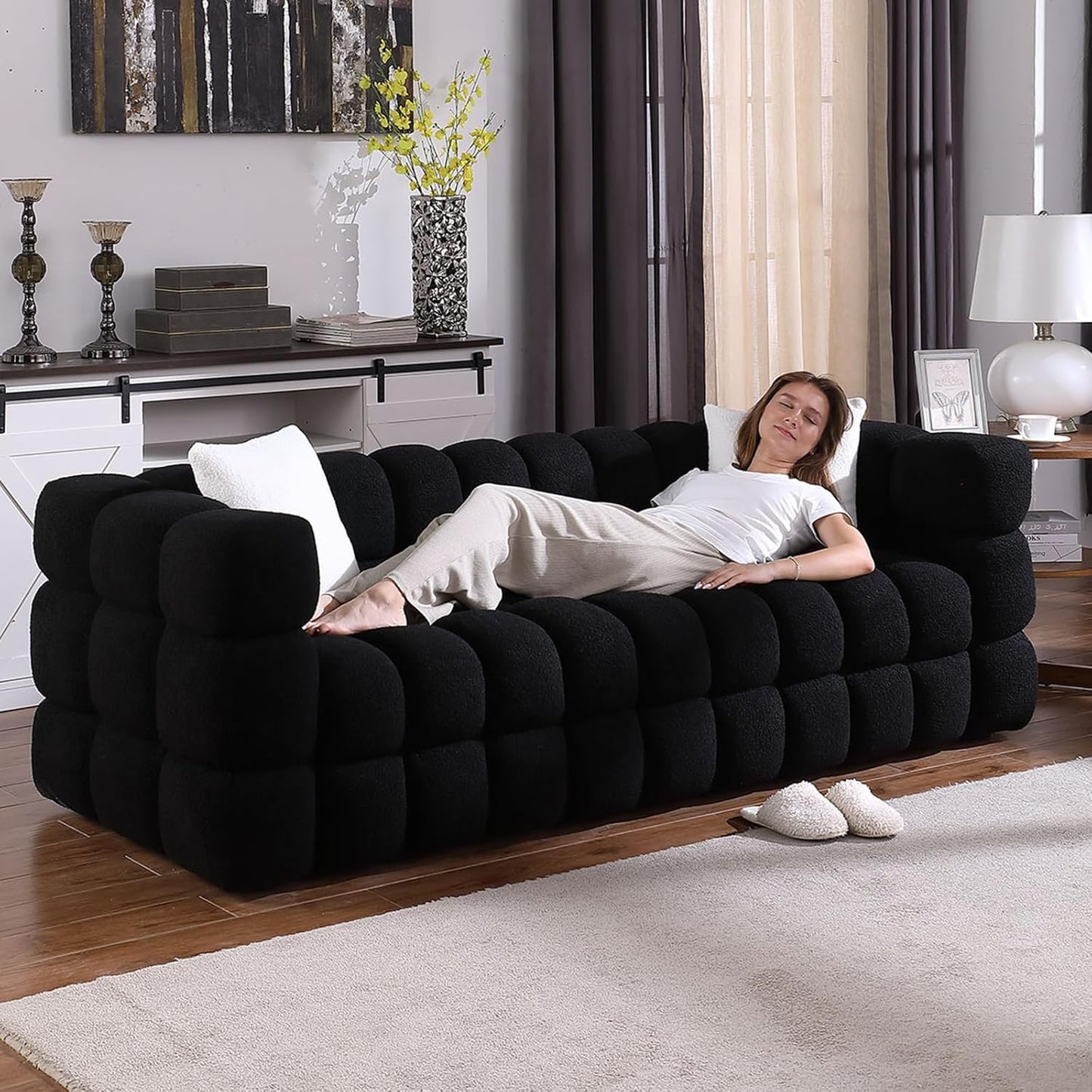 Black Fabric Sofa with Boucle Material (34.6 * 25.98 * 17.32 inches)