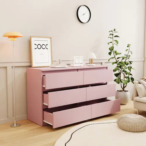 Pink Large 6 Drawers Chest of Drawer Dressers Table with Extra Deep Drawers (Assembled Length in inches)