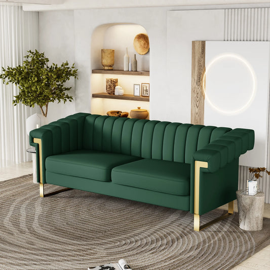 Retro Green PU Sofa with Gold Accents and Sleek Channel-Tufted Upholstery (3-Seat)