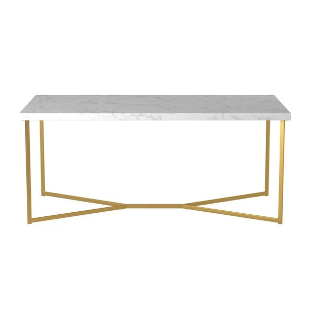 White+Gold Modern Glam Metal and Faux Marble Coffee Table with Faux White Marble/Gold (42.00 inches)