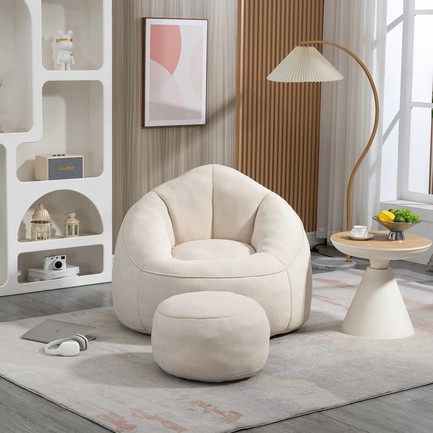 Beige Bedding Bean Bag Sofa Chair with Footrest (40.00 inches)