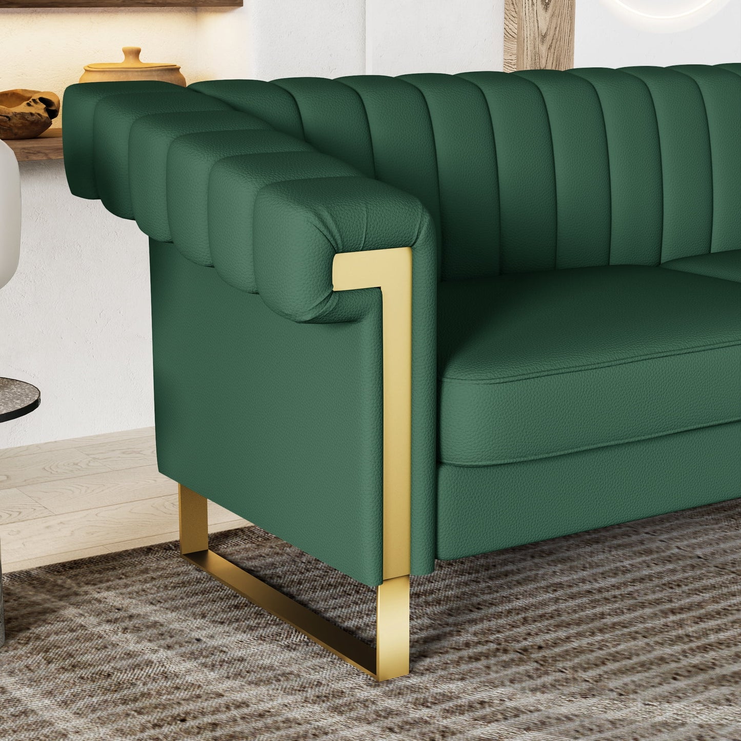 Retro Green PU Sofa with Gold Accents and Sleek Channel-Tufted Upholstery (3-Seat)