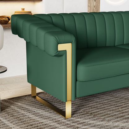 Retro Green PU Sofa with Gold Accents and Sleek Channel-Tufted Upholstery (3-Seat)