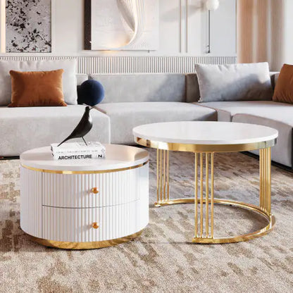 Gold+White Modern 2-piece Round Nesting Coffee Table with Drawers (27.6 inches)