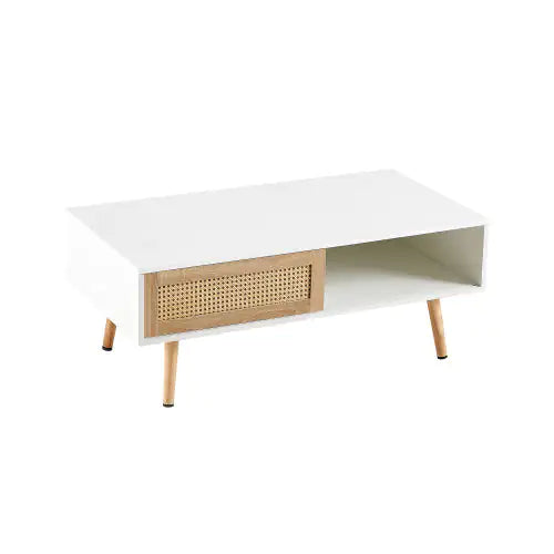 White Rattan Coffee Table with Sliding Door for Storage (41.34 inches)