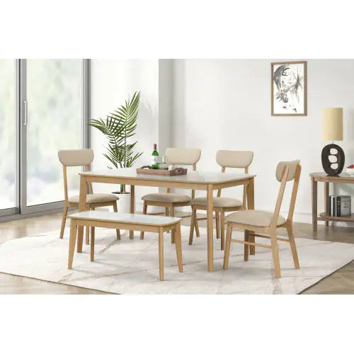 Opalescent white, white + light oak Set of 6 dining table with light oak high-gloss white top (60 inches)