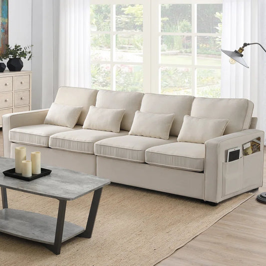 Beige 4-Seater Modern Linen Fabric Sofa with Armrest Pockets and 4 Pillows (104 inches)