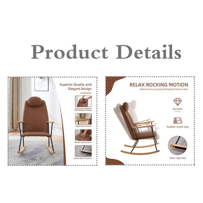 Brown Modern Rocking Chair with Adjustable Headrest (High Backrest)