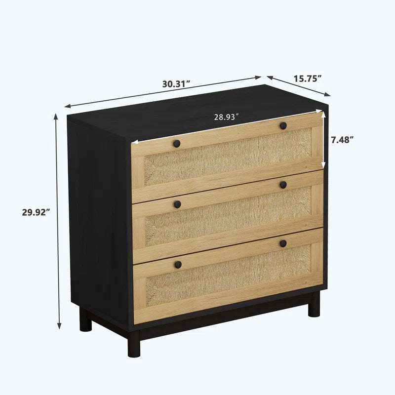 Black 3 Drawer Storage Cabinet with Rope Woven Drawer (30.31 inches)