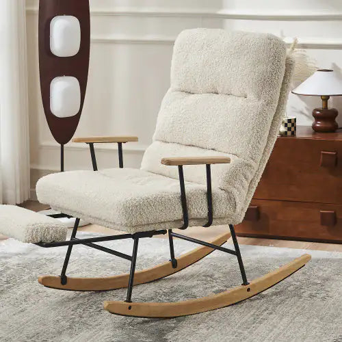 Beige Modern Teddy Gliding Rocking Chair with High Back, Retractable Footrest, and Adjustable Back Angle (26.00 x 38.20 x 40.10 inches)