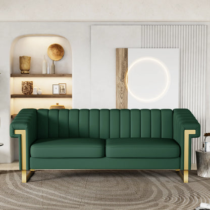 Retro Green PU Sofa with Gold Accents and Sleek Channel-Tufted Upholstery (3-Seat)