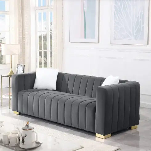 Black Modern Channel Sofa with Traditional Chesterfield Design (85.76 inches)