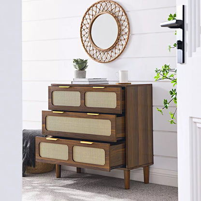 Walnut 3-drawer Dresser with Modern Rattan Design and Metal Handles (31.50 inches)