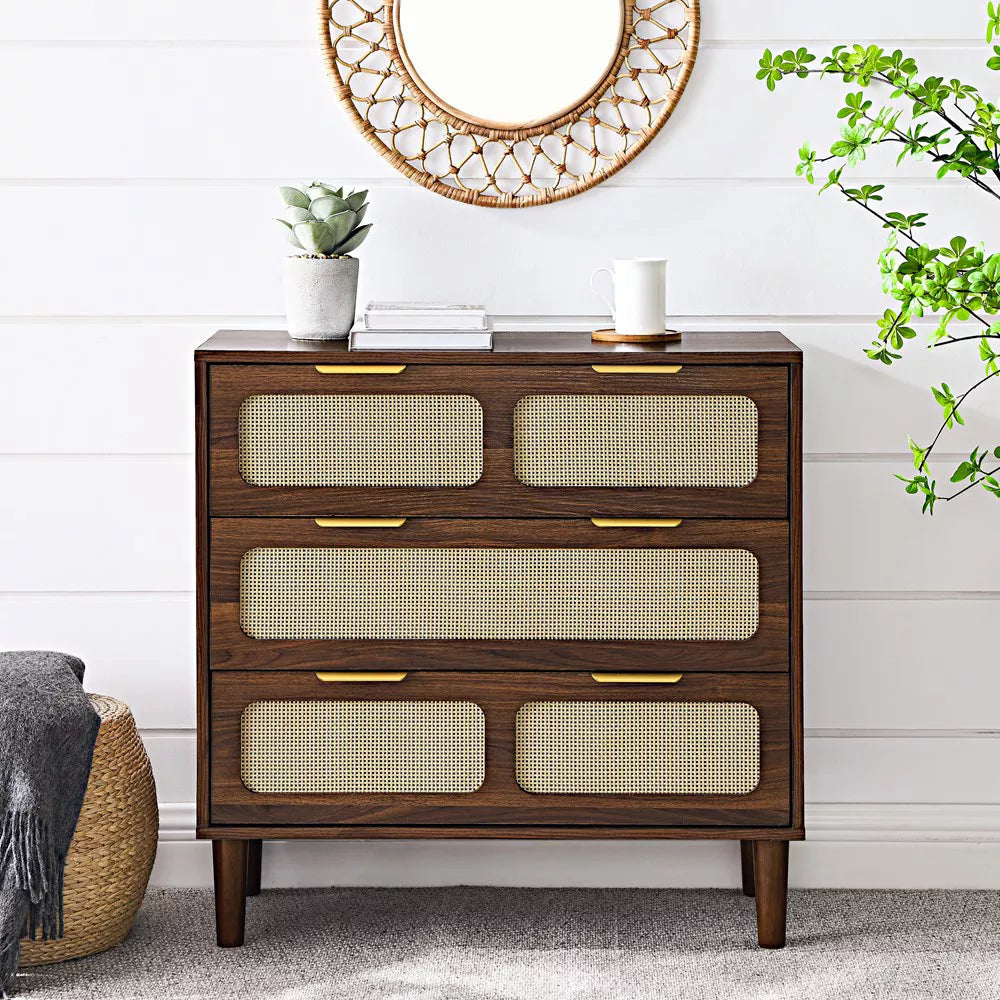 Walnut 3-drawer Dresser with Modern Rattan Design and Metal Handles (31.50 inches)