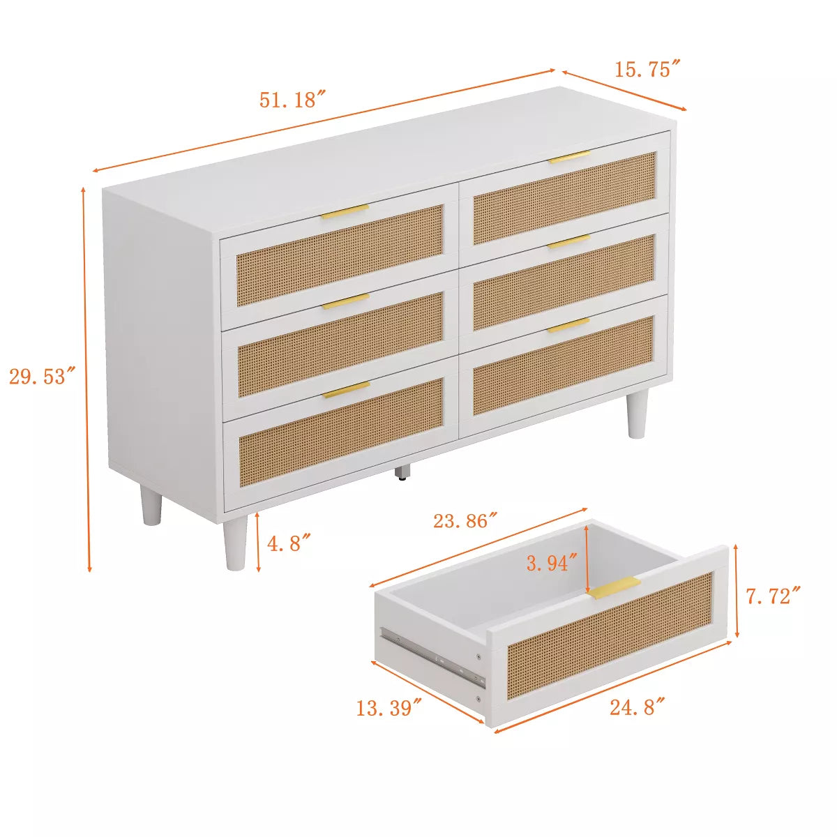 White 6-Drawers Rattan Storage Cabinet with Particle Board (51.18 inches)