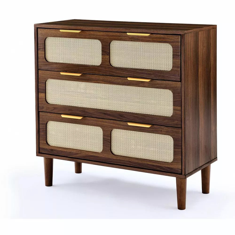 Walnut 3-drawer Dresser with Modern Rattan Design and Metal Handles (31.50 inches)