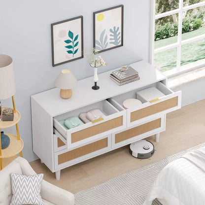 White 6-Drawers Rattan Storage Cabinet with Particle Board (51.18 inches)