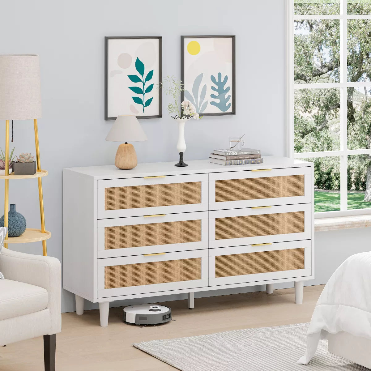 White 6-Drawers Rattan Storage Cabinet with Particle Board (51.18 inches)