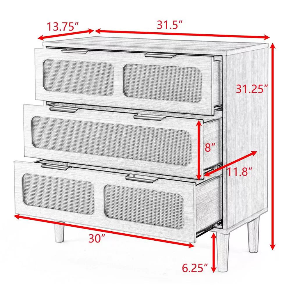 Walnut 3-drawer Dresser with Modern Rattan Design and Metal Handles (31.50 inches)