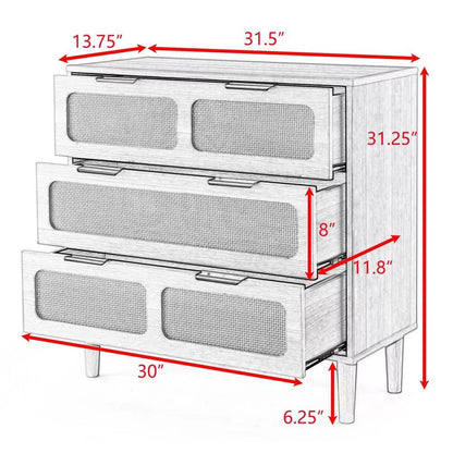 Walnut 3-drawer Dresser with Modern Rattan Design and Metal Handles (31.50 inches)