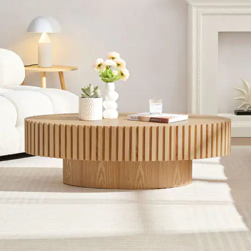 Natural Ash Modern Handcraft Drum Coffee Table with Sturdy Pedestal (43.7 inches)