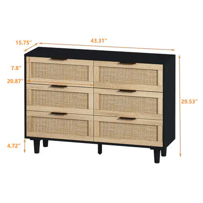 Black 6-Drawers Rattan Storage Cabinet with Particle Board (43.31 inches)